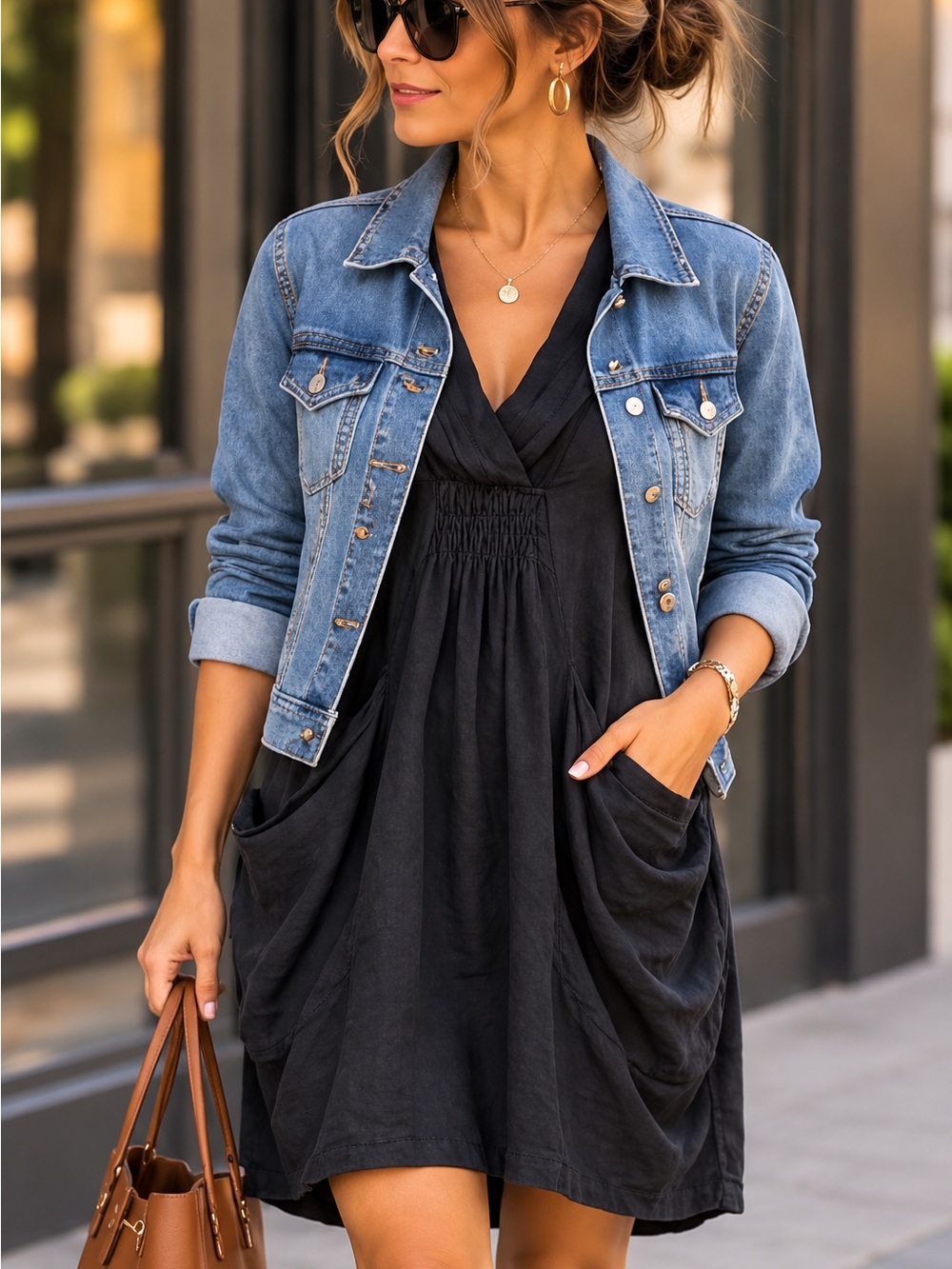 Tempo Paris 100% Linen Black Charcoal Cowl Neck Pocket Dress M